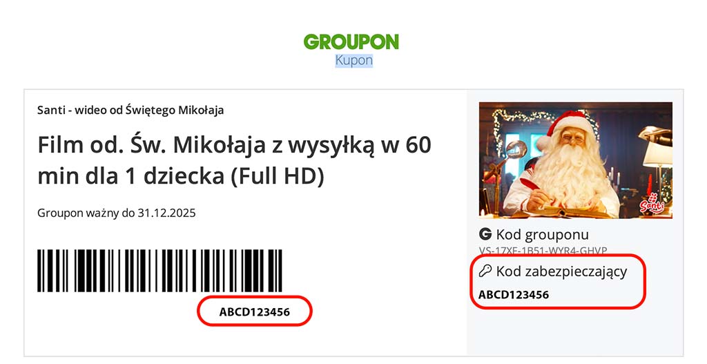 Kupon Groupon z zaznaczonym kodem zabezpieczającym